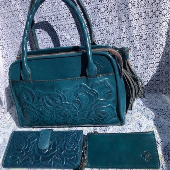TWO PATRICIA NASH ROSE TOOLED LEATHER SATCHEL HANDBAGS AND ACCESSORIES - Picture 1 of 5